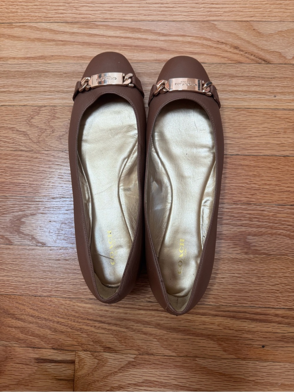 Coach Brown Leather Ballet Flats with Gold Tone Plaque